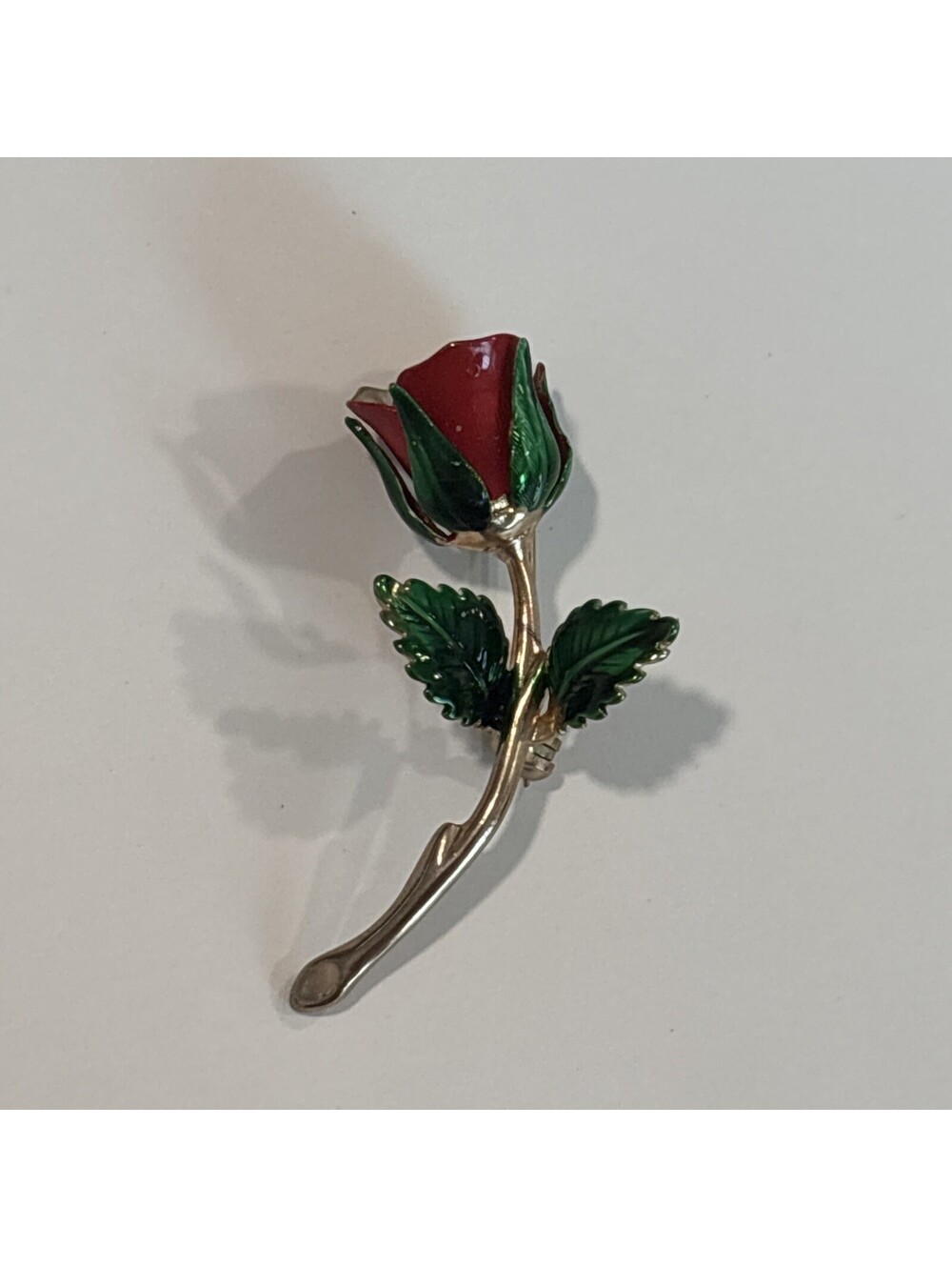 Vintage Red Rose Brooch Pin Costume Jewelry Enamel on Gold Tone Metal